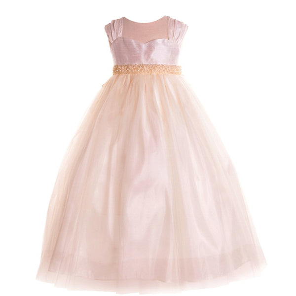 Petite Adele Little Girls Ivory Raw Silk Tulle Flower Girl Dress 2T-6 - SophiasStyle.com